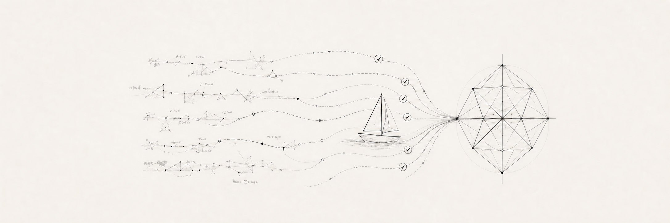 Mathematical reasoning paths converging into a geometric construction for IMO 2026